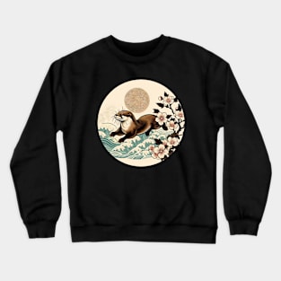 Aquatic Animal Vintage Sunset Art Floral Japanese Otter Crewneck Sweatshirt